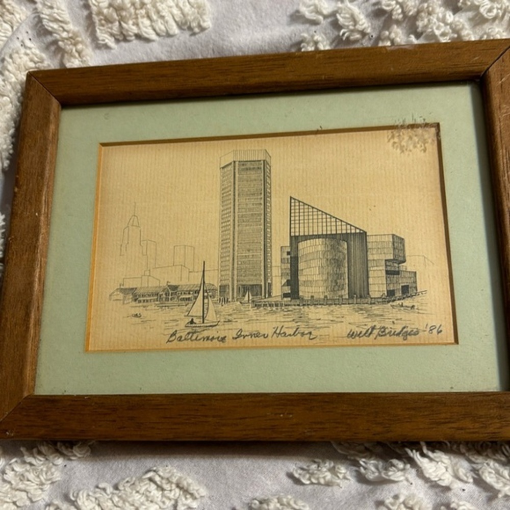 Baltimore Inner Harbor Drawing Framed 5”x7” Print Signed Dated